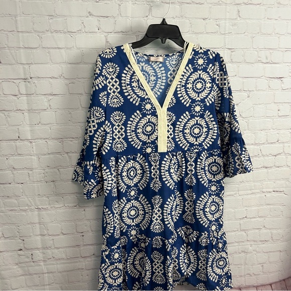 Saiph Cotton Bell Sleeve Santorini tiered Mini Dress crochet detail preppy MED - Picture 10 of 10